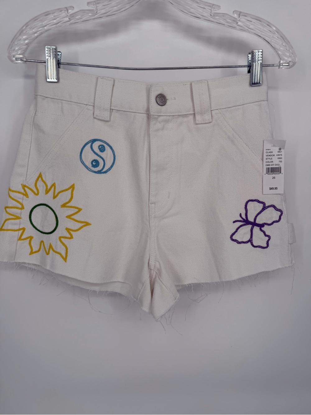 PacSun White Denim Shorts with Colorful Embroidery